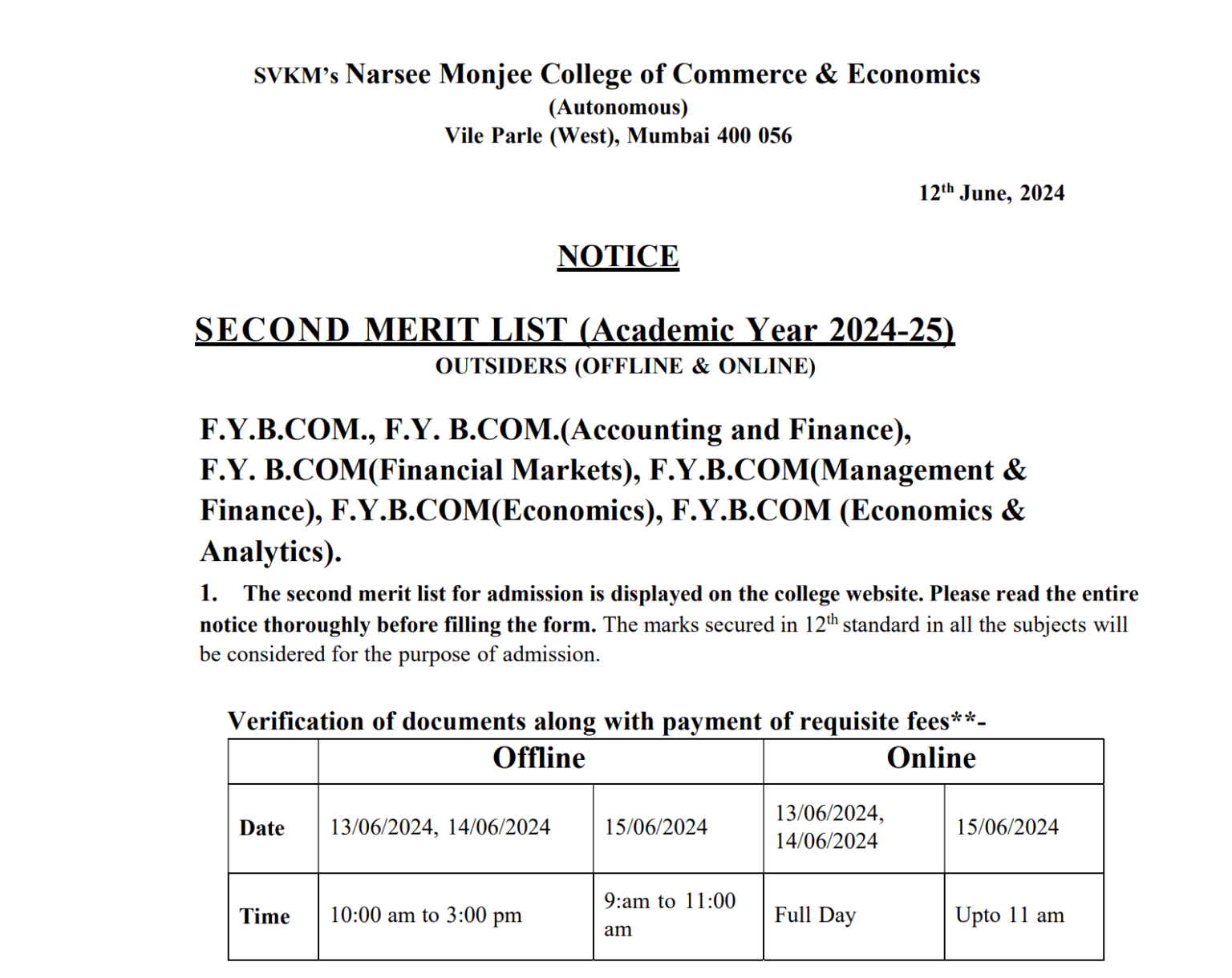 NM College Merit list 2024 3rd Cut Off List, Online Admission Dates